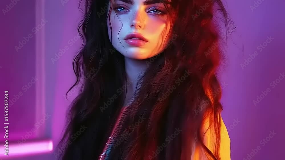 Mysterious woman with captivating eyes illuminated by radiant colors light Mysterious woman with captivating eyes illuminated by radiant colors light