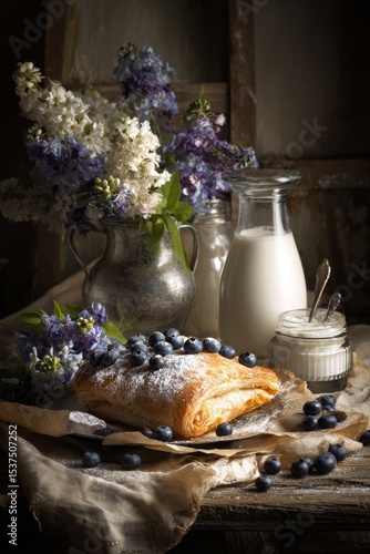 Freshly Baked Pastries With Blueberries and Flowers on Rustic Wooden Table.