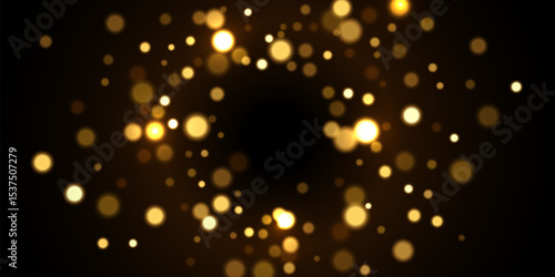 Gold light background with bokeh effect. Golden glittering lights on black background. Festive holiday shiny luxury backdrop. Abstract horizontal vector illustration.