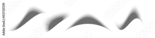 Set of abstract dotted waves. Halftone curved shapes in black color isolated on white background. Curved and twisted gradients forms. Trendy graphic vector illustration.