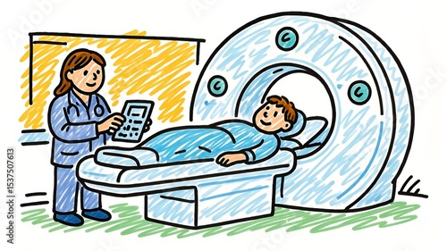 Cartoon Illustration of a Patient Undergoing a CT Scan with a Medical Professional Monitoring the Process