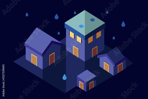 Nightfall in the Village Isometric Illustration of Houses Under Rain