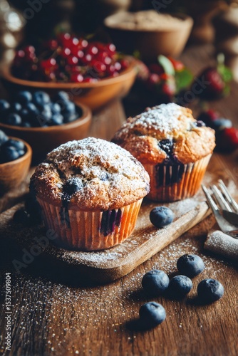 Delicious Blueberry Muffins on Rustic Table With Fresh Berries and Warm Tea i...