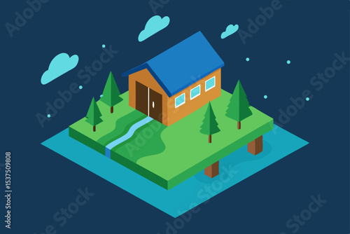 Isometric Illustration of a Cozy House by the River, Peaceful Nature Scene