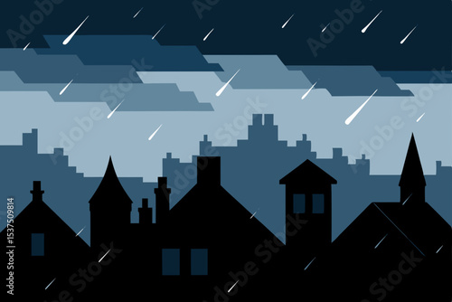 Nightfall Cityscape A Silhouette of Houses Under a Meteor Shower