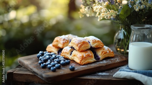 Freshly Baked Blueberry Pastries With Milk and Flowers in a Sunny Outdoor Set...