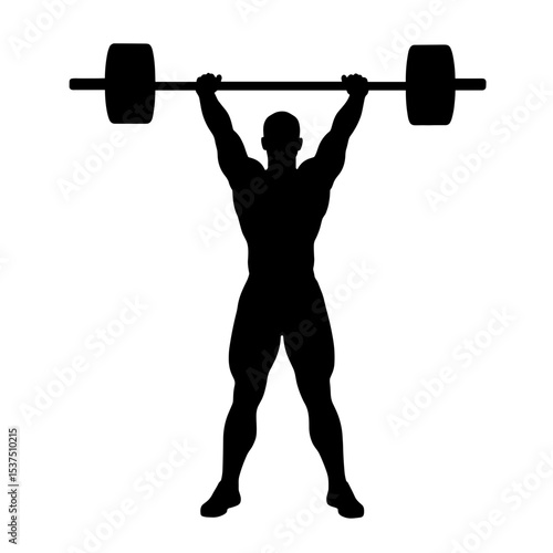 Silhouette of person lifting barbell overhead on white background, strength training illustration
