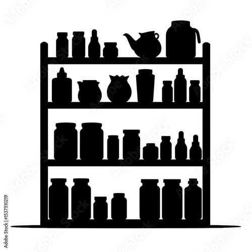 Silhouette of shelf with assorted bottles and jars on white background, organized storage concept