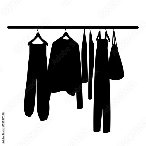 Silhouette of clothing on a rail against white, minimalist fashion basics copyspace