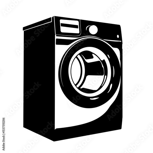 Black and white silhouette of washing machine on white background, appliance illustration