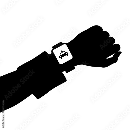 Silhouette of hand with smartwatch ride request button, instant booking technology