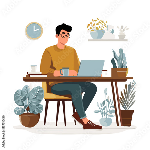 Cartoon man working on laptop at home desk, vector illustration
