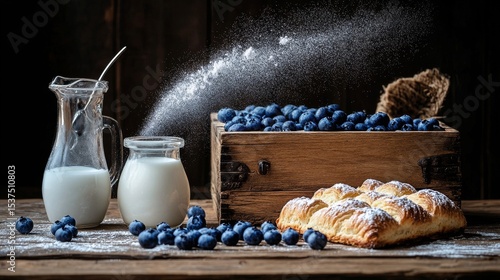 Delicious Dessert Preparation With Milk, Blueberries, and Freshly Baked Bread...