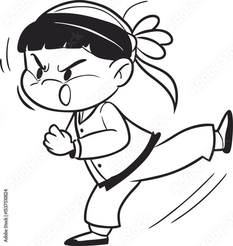 Goofy Chinese Girl in Martial Arts Uniform Striking Funny Kung Fu Pose with Big Grin – Playful Line Art Character Illustration

