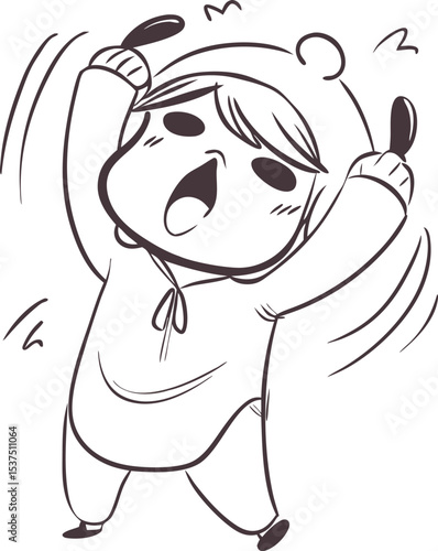 Sleepy Chinese Girl in Panda Onesie Yawning and Stretching – Cute Line Art Illustration with Cozy Expression

