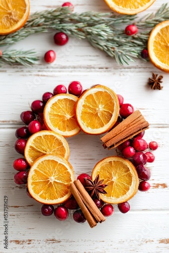 Decorative Arrangement of Orange Slices and Spices for Festive Winter Celebra...