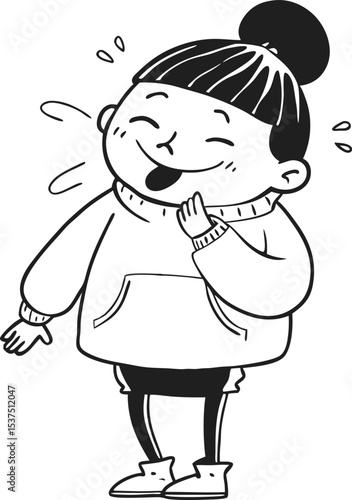 Cute Chinese Girl Laughing with Eyes Closed in Messy Bun, Oversized Hoodie and Skirt – Playful Character Illustration

