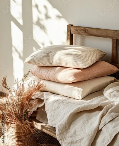 Cozy Bedding Arrangement With Decorative Pillows and Natural Elements in Sunn...