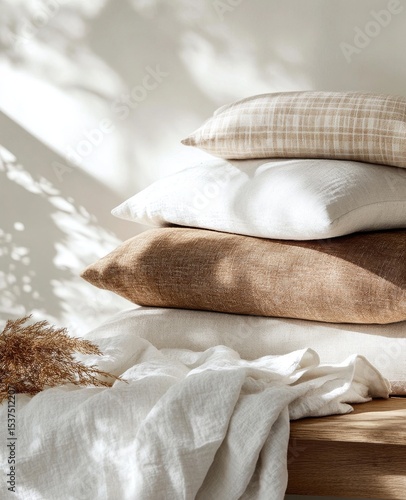 Decorative Pillows Arranged on a Wooden Surface With Soft Shadows Creating a ...