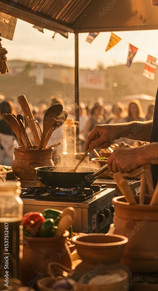 Fototapeta premium Chef preparing traditional dish at open-air festival kitchen