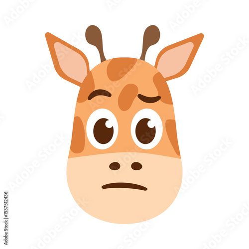 Puzzled funny Giraffe Face. Exotic spotted Animal head Thinking emoji style for avatars. African cute fauna Doubting. Cartoon color image for kids and zoo. Flat design. Isolated. Vector illustration