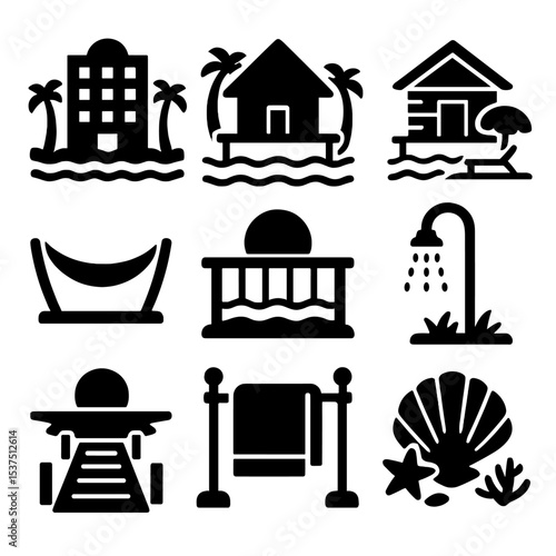 Beachside Icons Collection. Solid style icons of beachside accommodations: beachfront hotel, seaside bungalow, beach cabin,