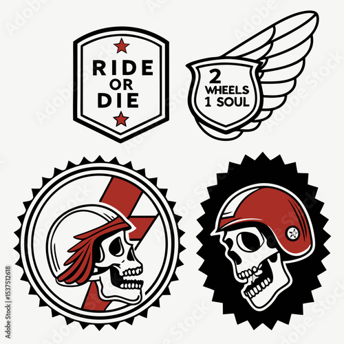 Motorcycle Club Emblems: Vintage motorcycle club emblems featuring skulls, wings, and mottoes, exuding a retro and edgy spirit of freedom and rebellion.