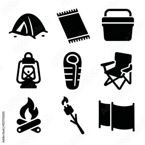 Beach Camp Essentials Icons. Solid style icons of beach camp setup: tent on sand, beach blanket, cooler box, lantern light,