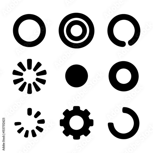 Solid Style Loaders. Solid style icons of circular loaders: single ring, double ring, segmented ring, animated swirl, radial bars,