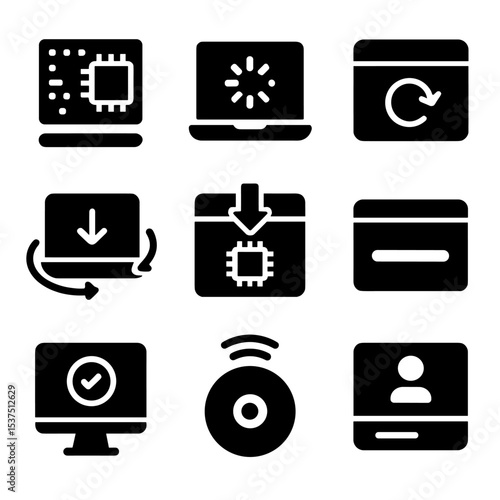 System Boot Icons. Solid style icons of system booting icons: BIOS load, OS startup, system restore, firmware update, boot
