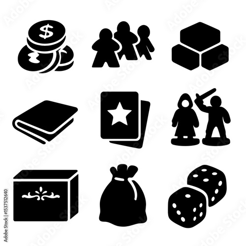 Deluxe Game Components. Solid style icons of deluxe edition components: metal coins, wooden tokens, 3D tiles, neoprene mat, foil