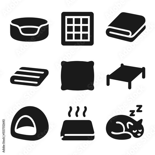Pet Sleeping Icons. Solid style icons of pet sleeping areas: pet bed, crate, blanket, sleeping mat, soft pillow, elevated bed,