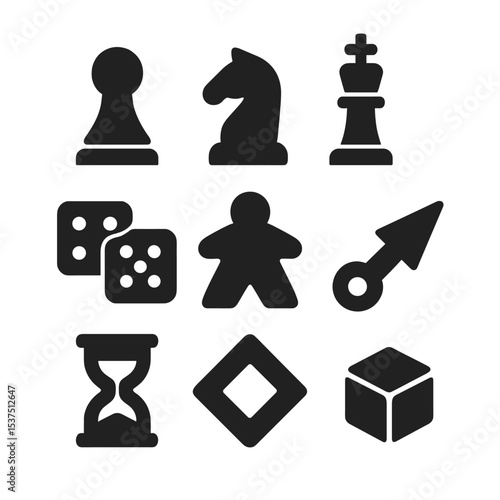Board Game Icons. Solid style icons of board game pieces: pawn piece, knight piece, king token, dice pair, meeple figure, spinner