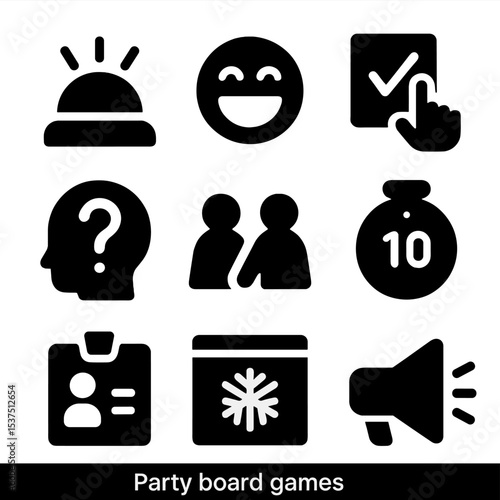 Party Board Game Icons. Solid style icons of party board games: buzzer button, laugh icon, vote card, guessing icon, team marker,