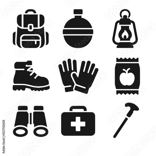 Explorer Gear Icons. Solid style icons of explorer gear: backpack, canteen, lantern, boots, gloves, trail food, binoculars,