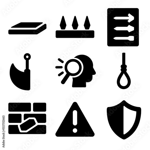 Trap Avoidance Icons. Solid style icons of trap avoidance: pressure plate, spiked floor, dart wall, swinging blade, trap detection