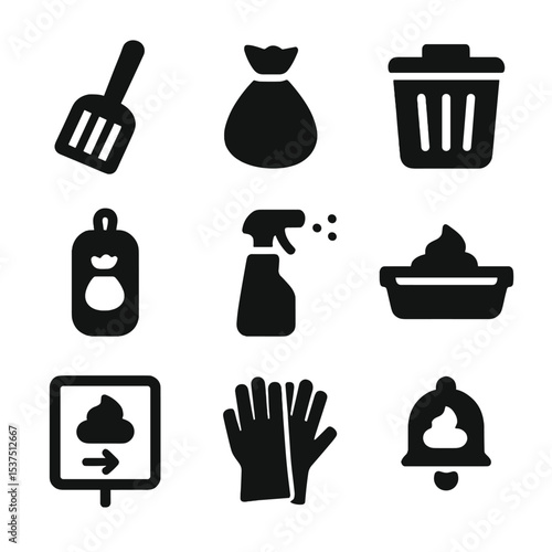 Pet Waste Icons. Solid style icons of pet waste management: litter scoop, poop bag, trash bin, outdoor bag dispenser, deodorizer