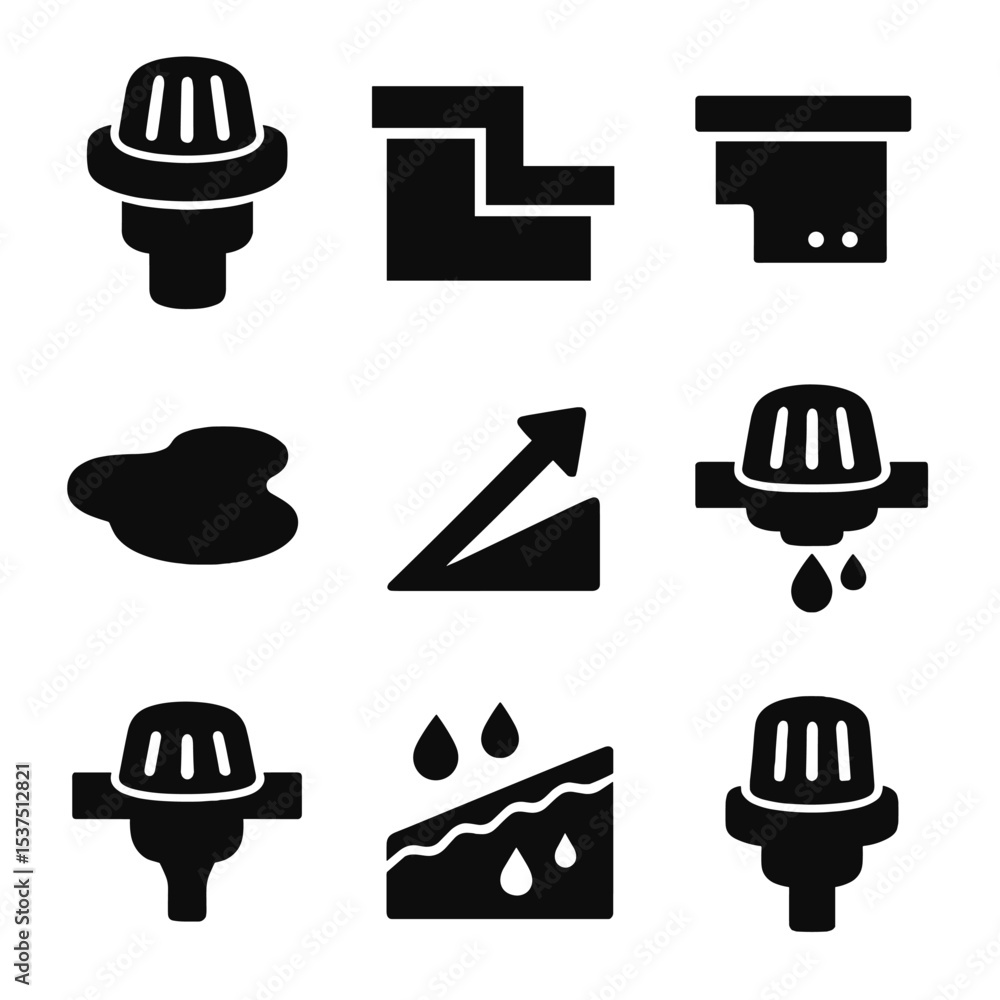 © Galina - Flat Roof Drainage Icons. Solid style icons of flat roof drainage: internal drain, scupper outlet, gravel stop, drain bowl, © Galina - Flat Roof Drainage Icons. Solid style icons of flat roof drainage: internal drain, scupper outlet, gravel stop, drain bowl,