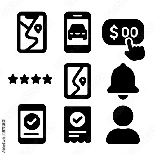 Rideshare App Features. Solid style icons of rideshare apps: smartphone with map, car icon on screen, ride booking button,