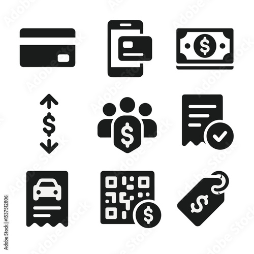 Ride Payment Icons. Solid style icons of ride payment and cost split: credit card icon, mobile wallet, cash icon, split fare