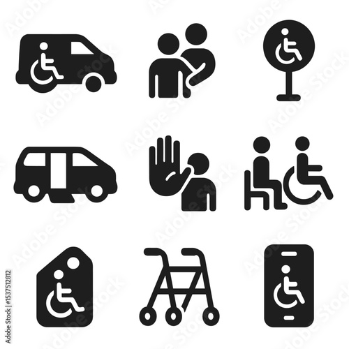 Accessible Rideshare Icons. Solid style icons of accessible rideshare: wheelchair van, driver assist icon, accessible pickup point