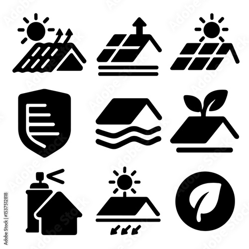 Energy-Efficient Roof Icons. Solid style icons of energy-efficient roofing: cool roof icon, reflective shingle, solar panel tile,