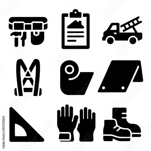 Roofing Tools Icons. Solid style icons of roofing contractor tools: tool belt, estimate clipboard, ladder truck, roof harness,