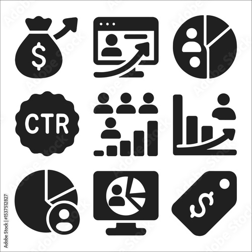 Segmentation KPI Icons. Solid style icons of segmentation KPIs: ROI icon, conversion rate, segment performance chart, CTR badge,