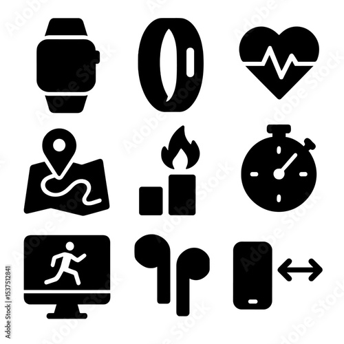 Fitness Tech Icons. Solid style icons of fitness technology silhouette: smart watch icon, fitness tracker, heart rate graph, GPS