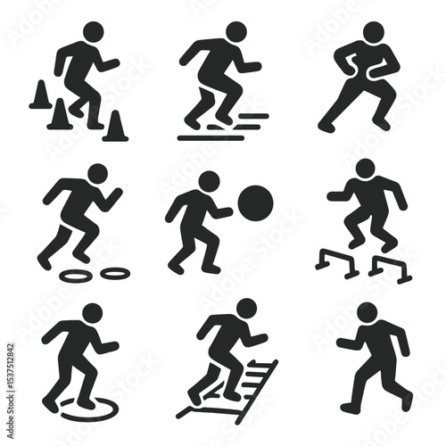 Agility Training Icons. Solid style icons of agility training silhouette: cone zigzag, quick feet icon, lateral shuffle, bounding