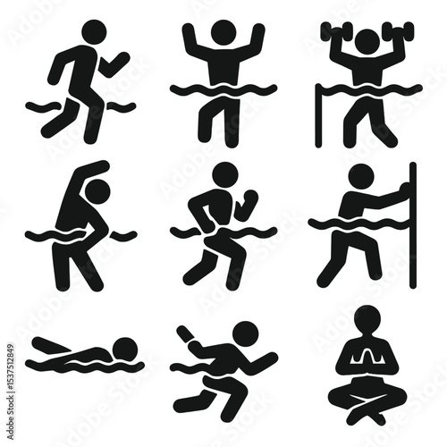 Aquatic Fitness Icons. Solid style icons of water fitness silhouette: aqua jogging, pool aerobics, water dumbbell lift, water