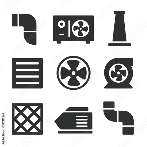 Industrial Ventilation Icons. Solid style icons of industrial ventilation: duct system, air handling unit, exhaust stack, louvered