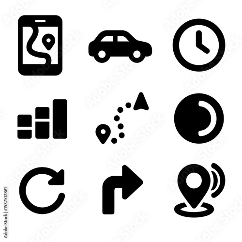 Real-Time Ride Tracking. Solid style icons of real-time ride tracking: live map screen, moving car icon, ETA countdown, traffic