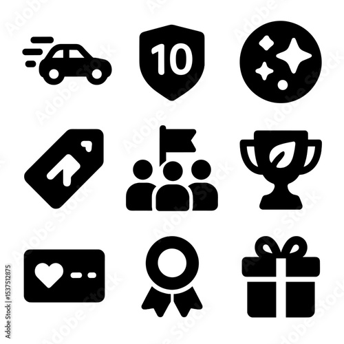 Rideshare Rewards Icons. Solid style icons of gamified rideshare rewards: ride streak icon, milestone badge, ride points icon,